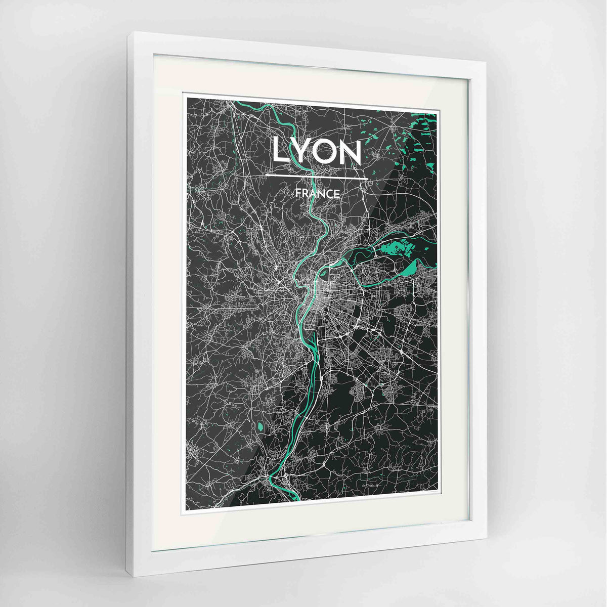 Framed Lyon Map Art Print 24x36&quot; Contemporary White frame Point Two Design Group