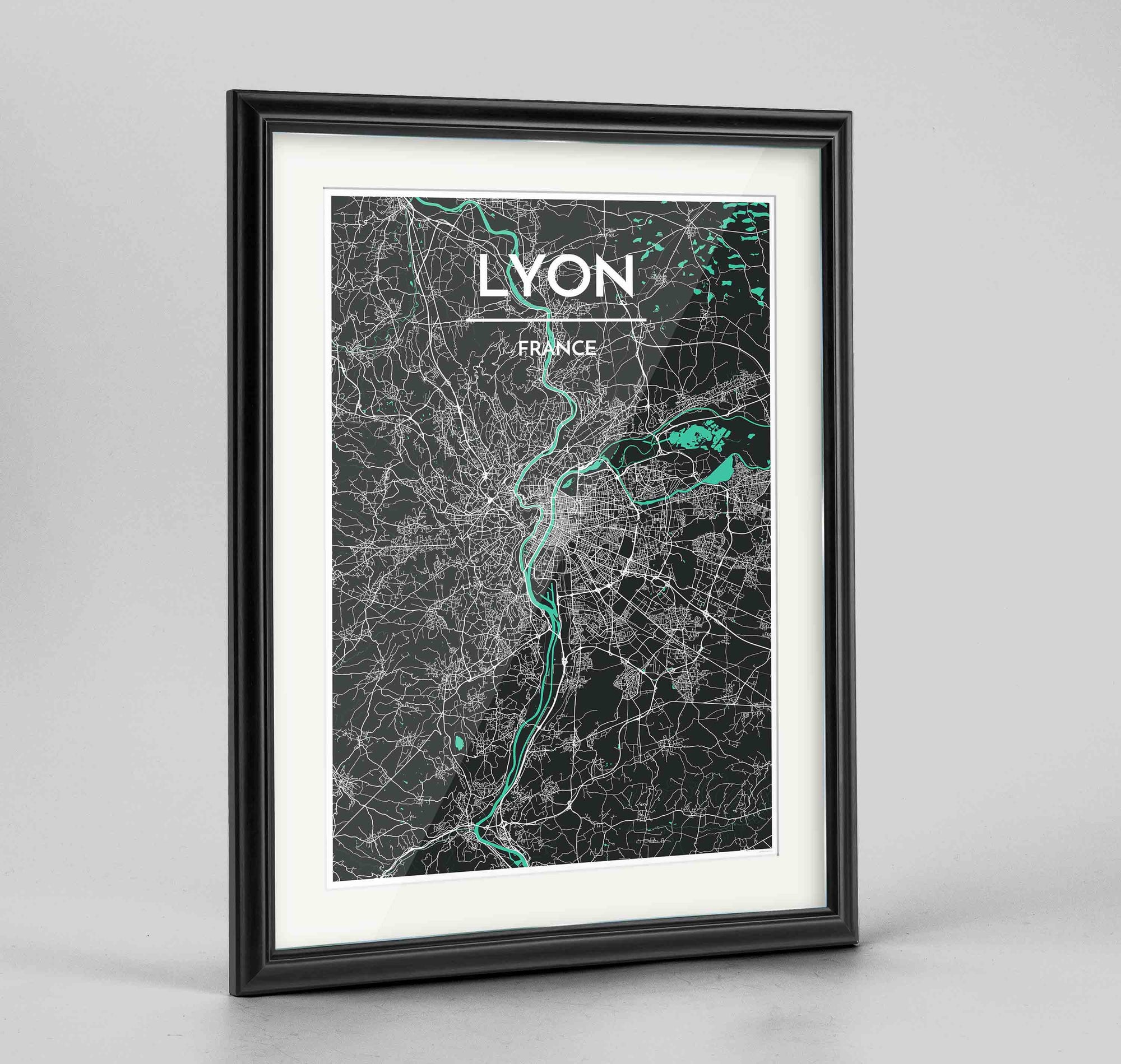 Framed Lyon Map Art Print 24x36" Traditional Black frame Point Two Design Group