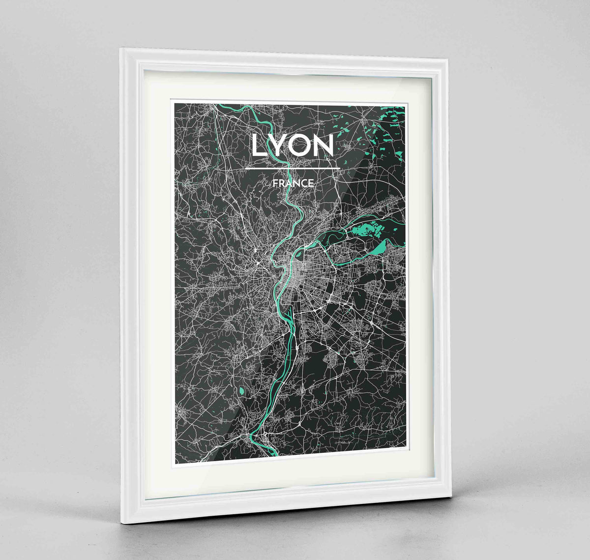 Framed Lyon Map Art Print 24x36&quot; Traditional White frame Point Two Design Group