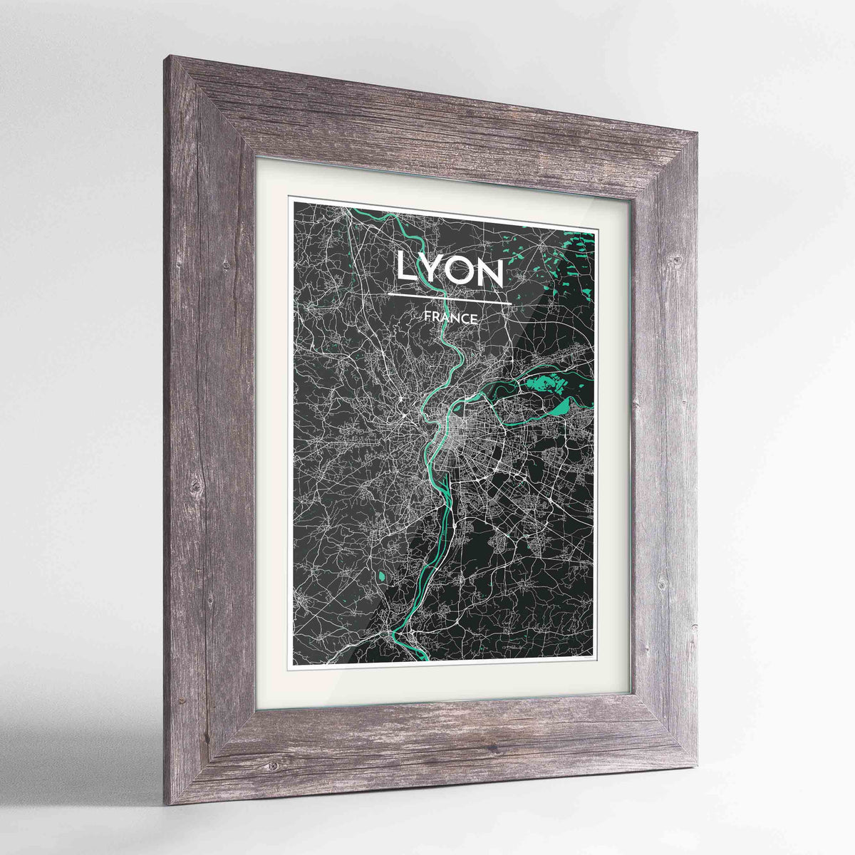 Framed Lyon Map Art Print 24x36&quot; Western Grey frame Point Two Design Group