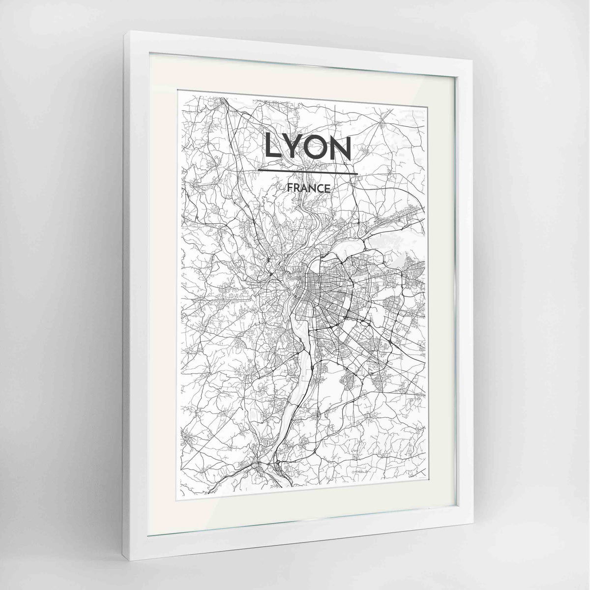 Framed Lyon Map Art Print 24x36&quot; Contemporary White frame Point Two Design Group