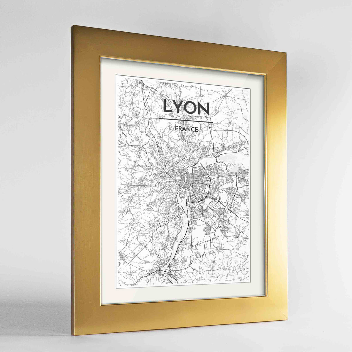 Framed Lyon Map Art Print 24x36&quot; Gold frame Point Two Design Group