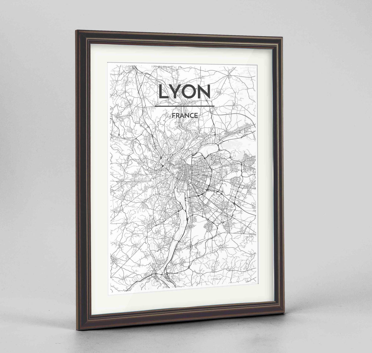 Framed Lyon Map Art Print 24x36&quot; Traditional Walnut frame Point Two Design Group