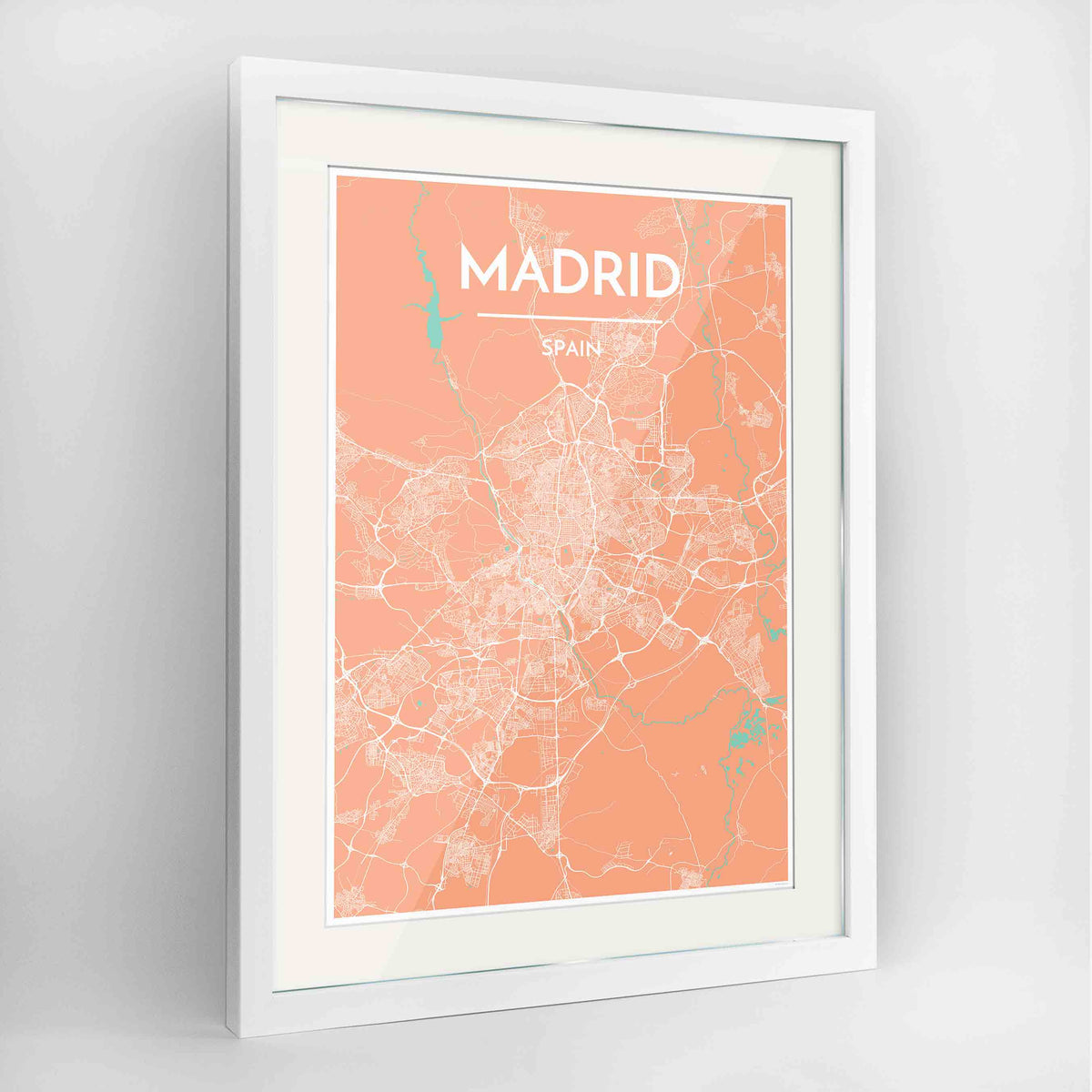 Framed Madrid Map Art Print 24x36&quot; Contemporary White frame Point Two Design Group