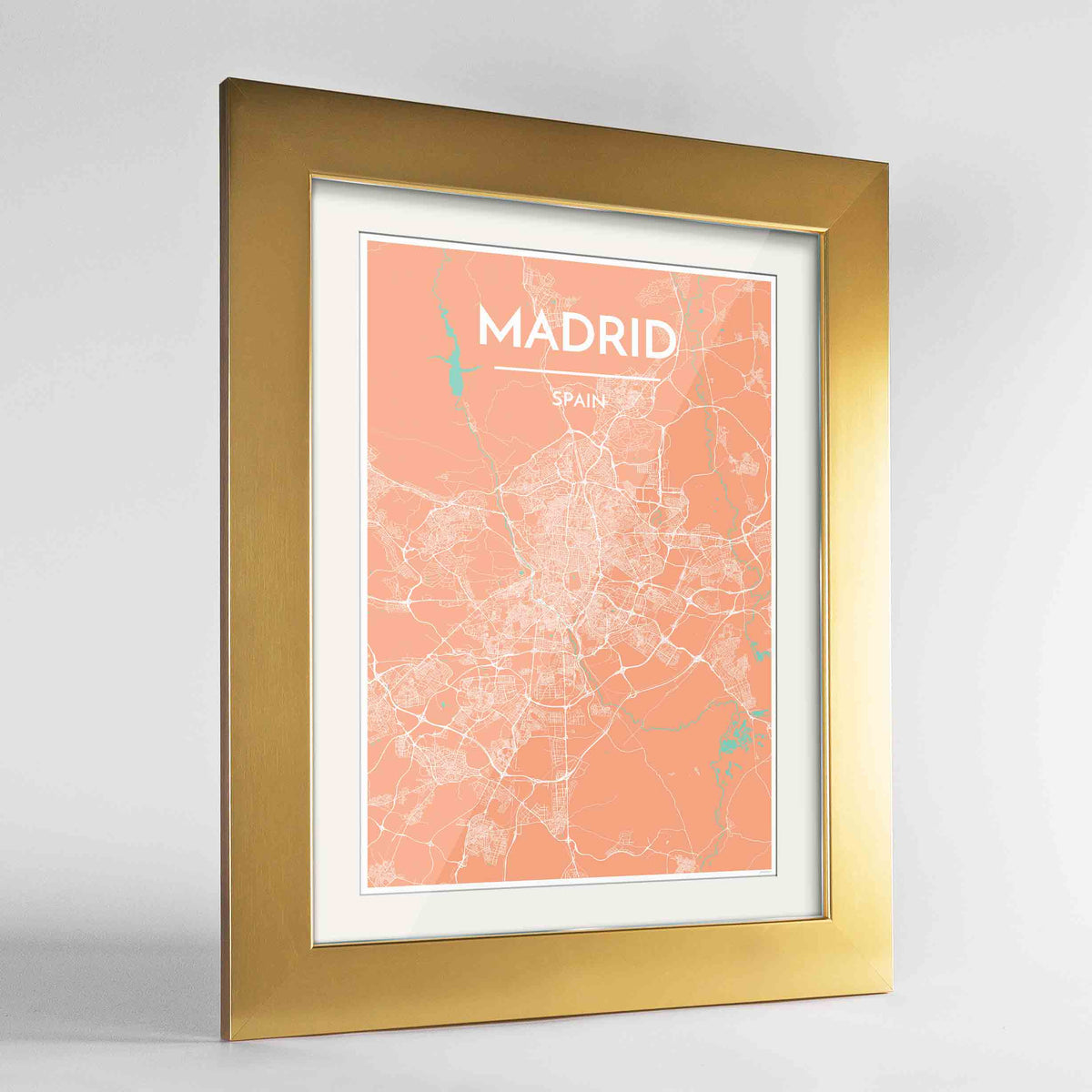 Framed Madrid Map Art Print 24x36&quot; Gold frame Point Two Design Group