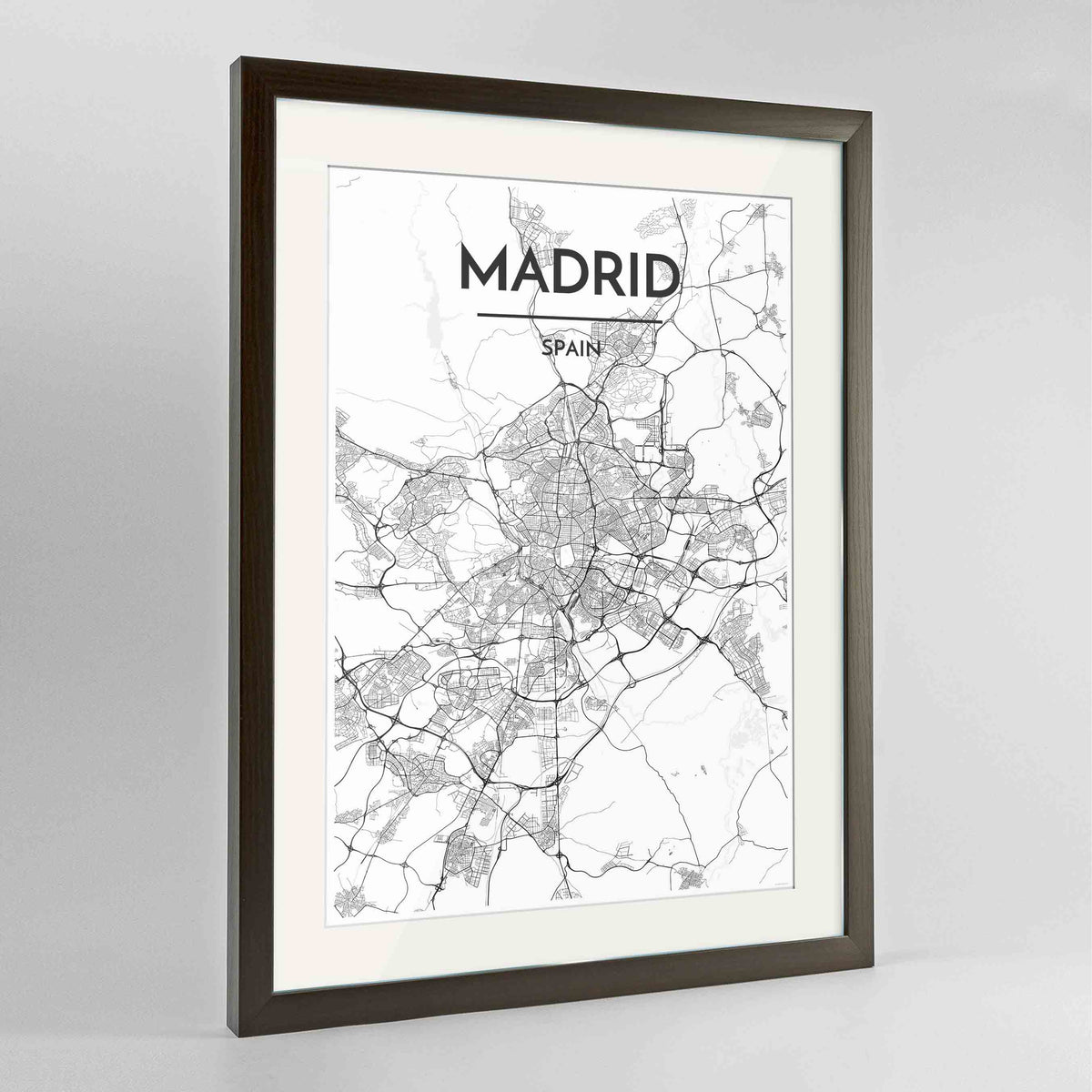 Framed Madrid Map Art Print 24x36&quot; Contemporary Walnut frame Point Two Design Group
