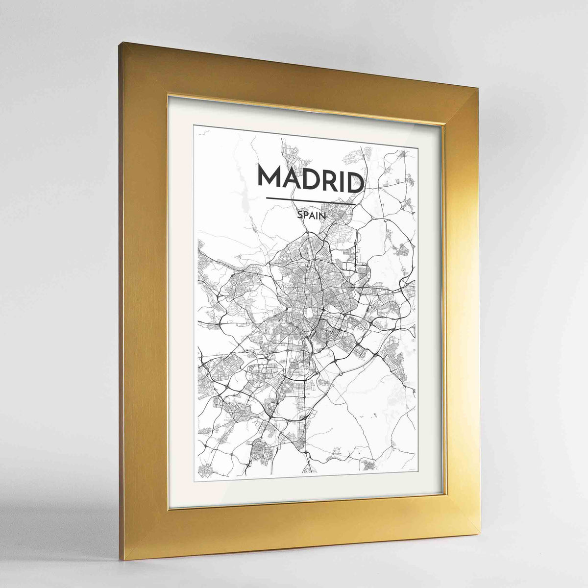 Framed Madrid Map Art Print 24x36&quot; Gold frame Point Two Design Group