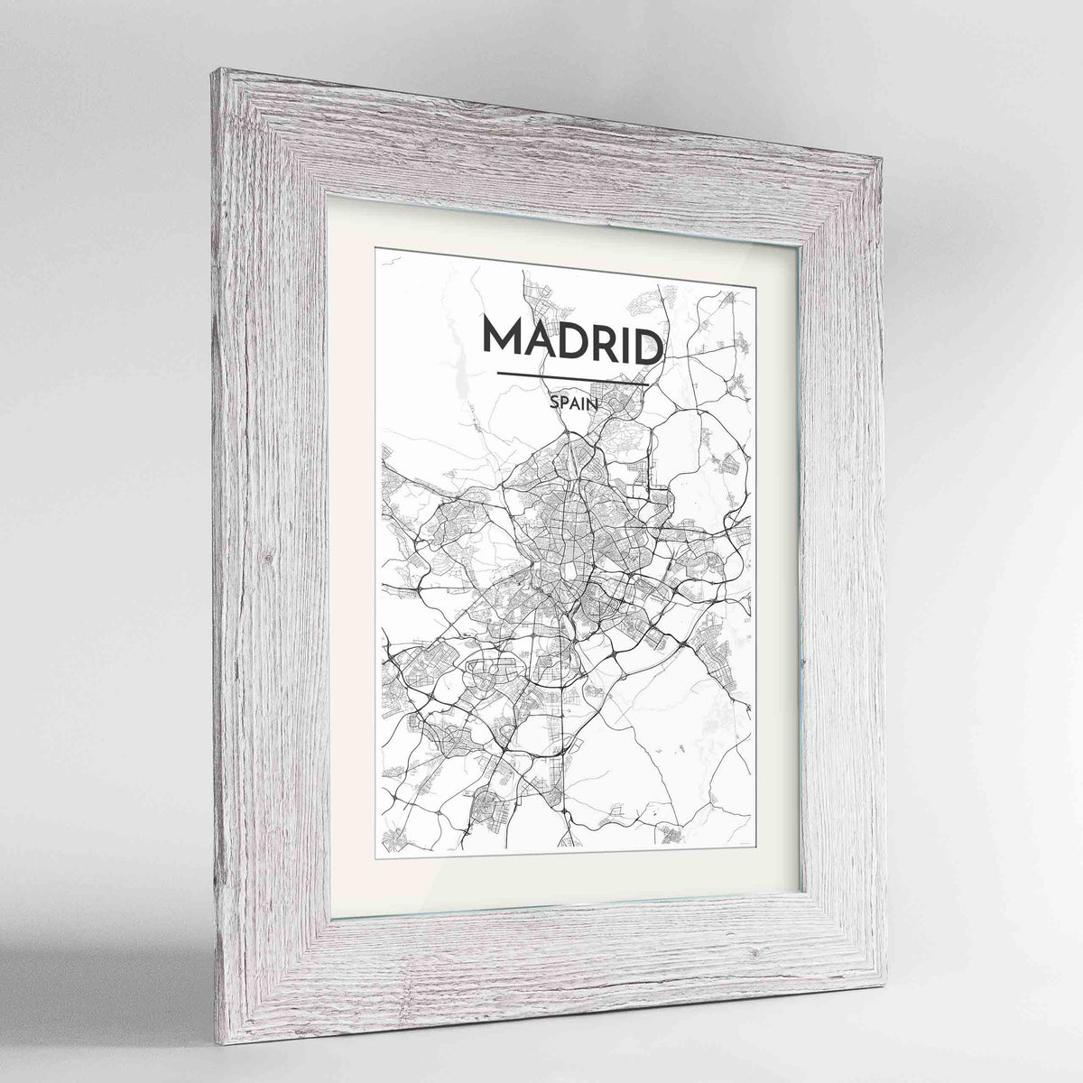 Framed Madrid Map Art Print 24x36&quot; Western White frame Point Two Design Group