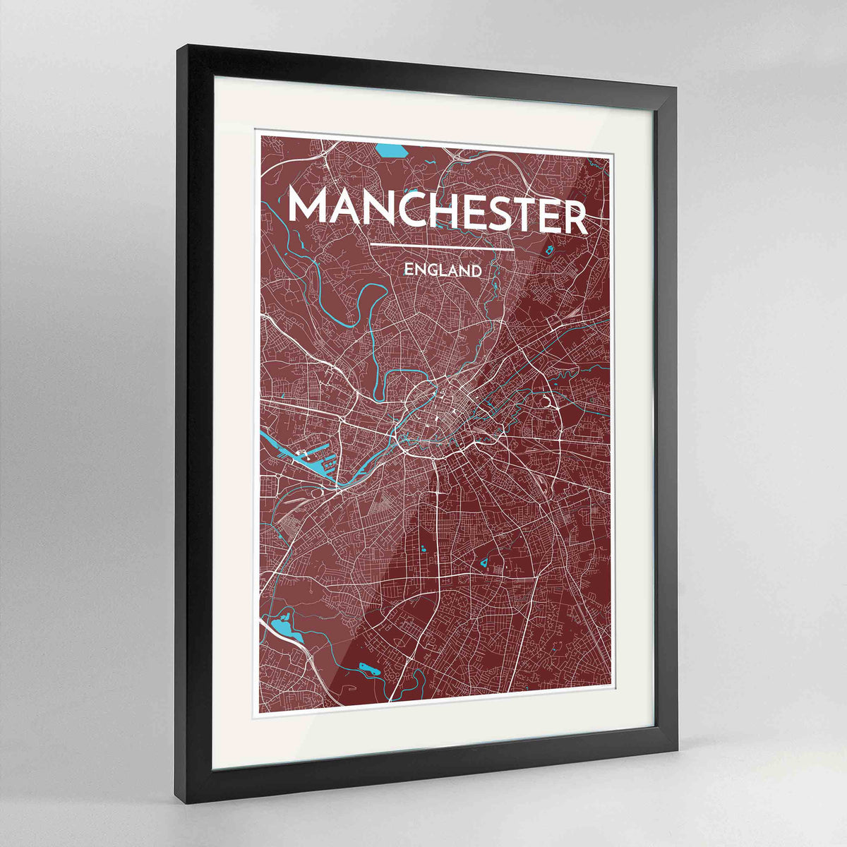 Framed Manchester Map Art Print 24x36&quot; Contemporary Black frame Point Two Design Group