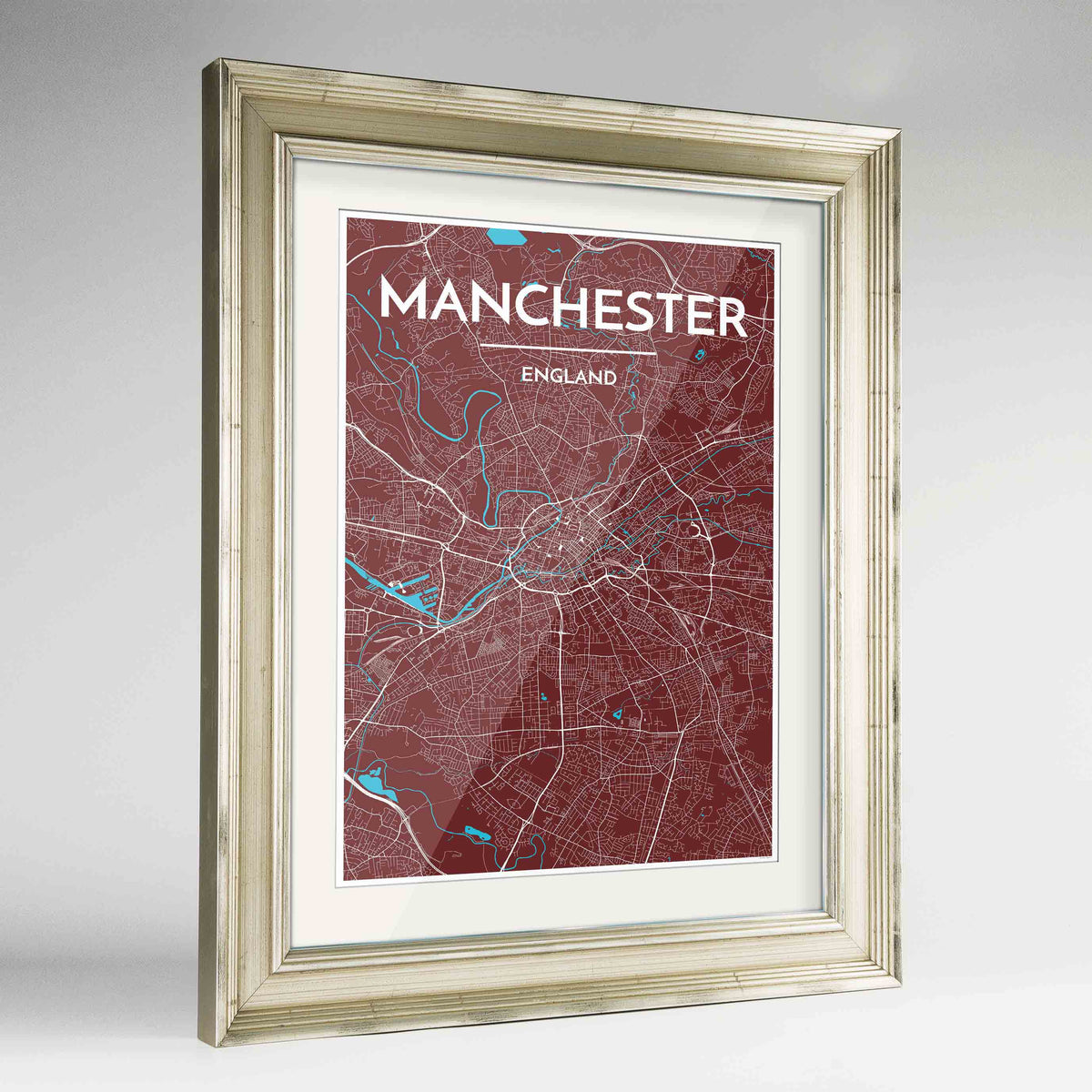 Framed Manchester Map Art Print 24x36&quot; Champagne frame Point Two Design Group