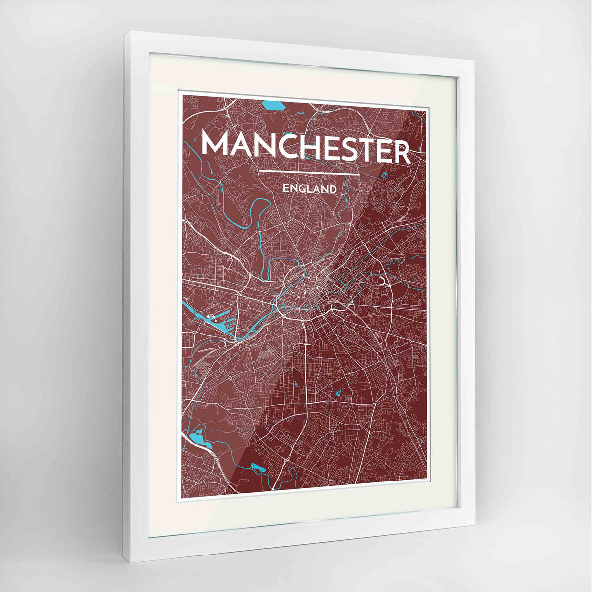 Framed Manchester Map Art Print 24x36&quot; Contemporary White frame Point Two Design Group