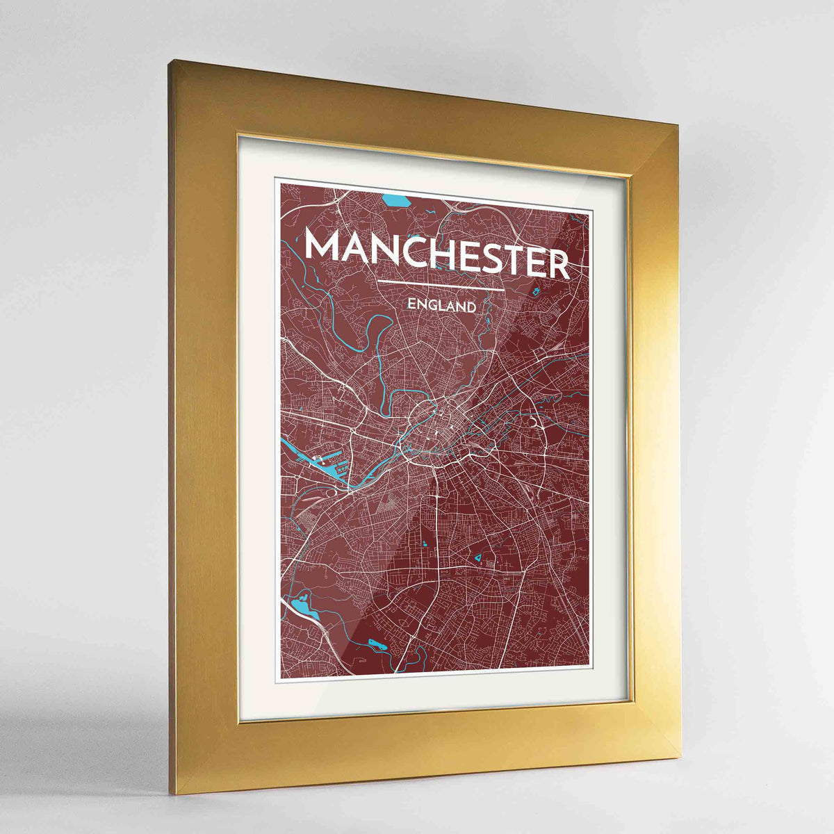 Framed Manchester Map Art Print 24x36&quot; Gold frame Point Two Design Group