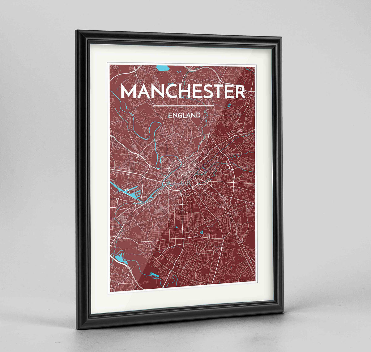 Framed Manchester Map Art Print 24x36&quot; Traditional Black frame Point Two Design Group