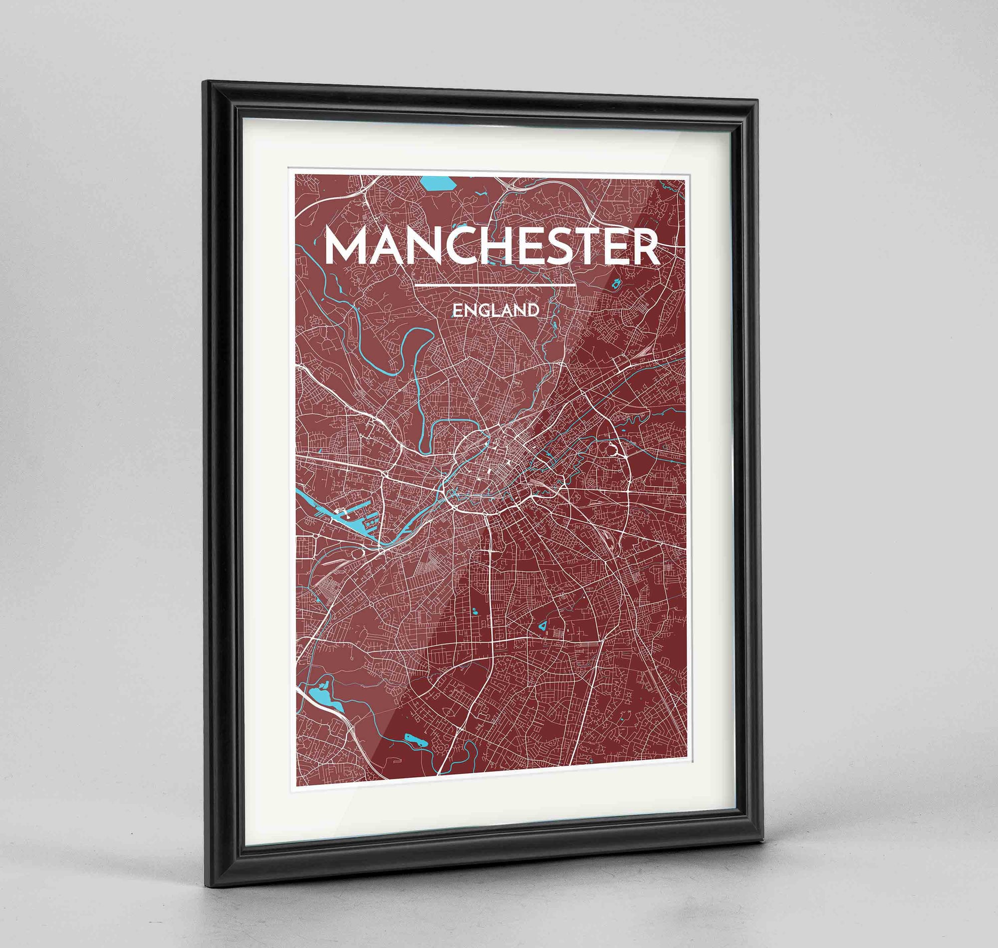 Framed Manchester Map Art Print 24x36" Traditional Black frame Point Two Design Group
