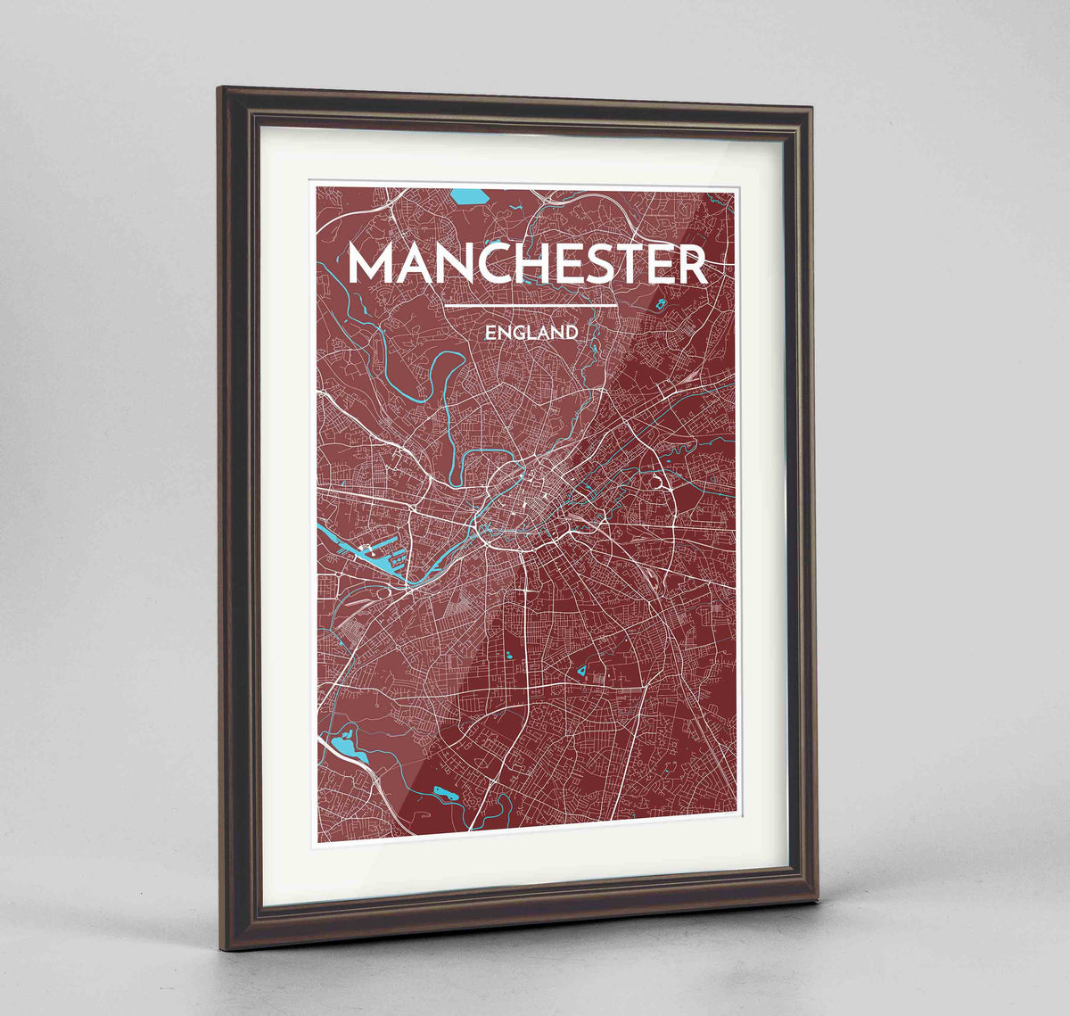 Framed Manchester Map Art Print 24x36&quot; Traditional Walnut frame Point Two Design Group