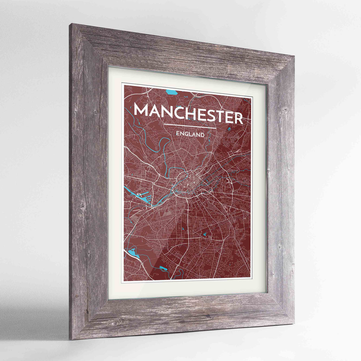 Framed Manchester Map Art Print 24x36&quot; Western Grey frame Point Two Design Group