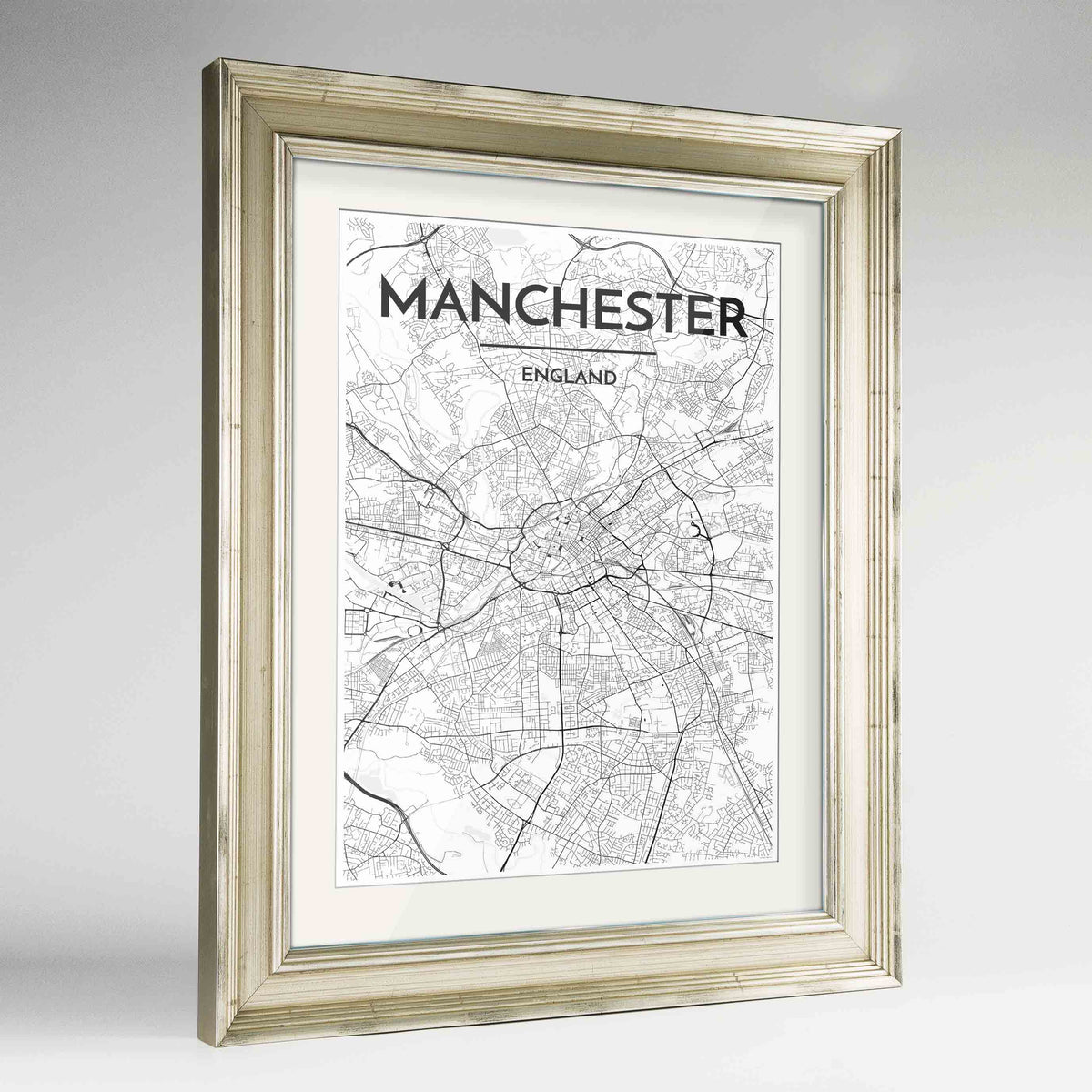 Framed Manchester Map Art Print 24x36&quot; Champagne frame Point Two Design Group