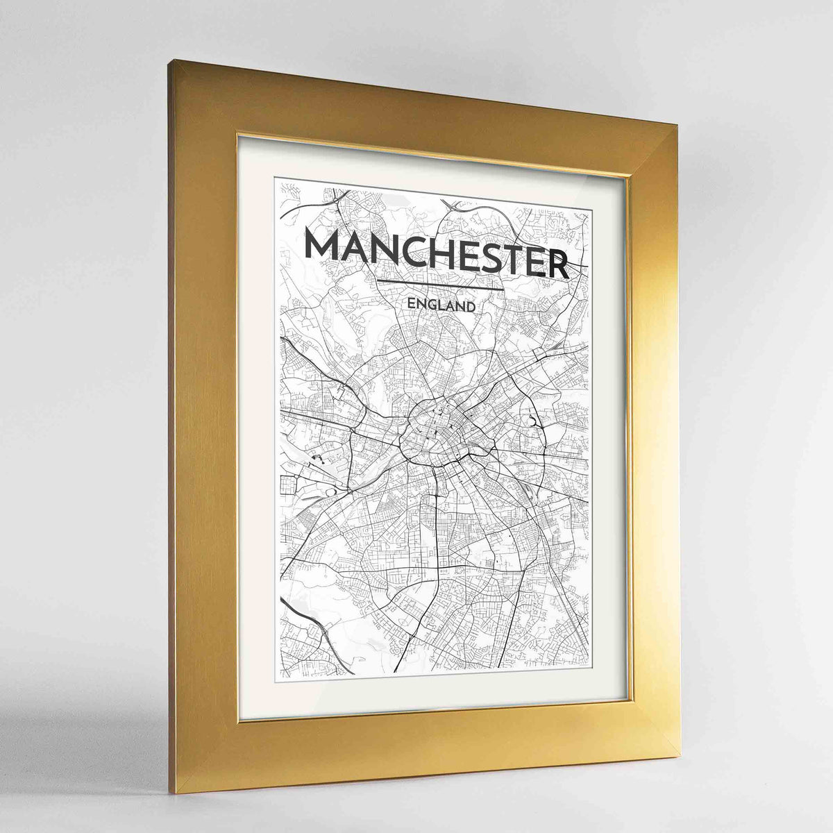 Framed Manchester Map Art Print 24x36&quot; Gold frame Point Two Design Group