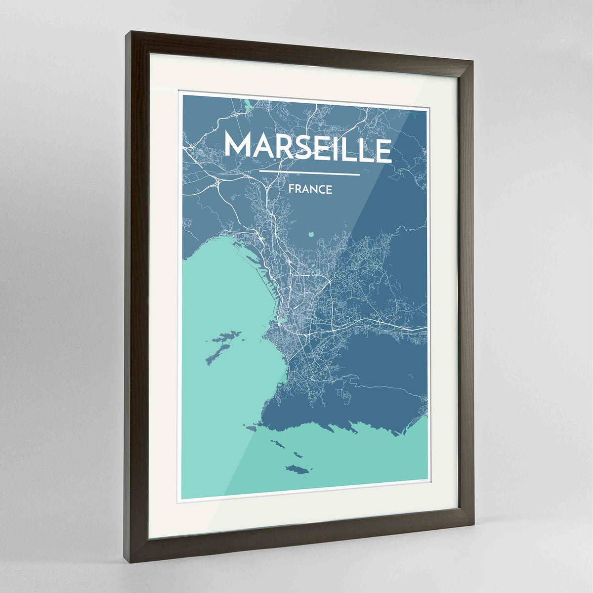 Framed Marseille Map Art Print 24x36&quot; Contemporary Walnut frame Point Two Design Group