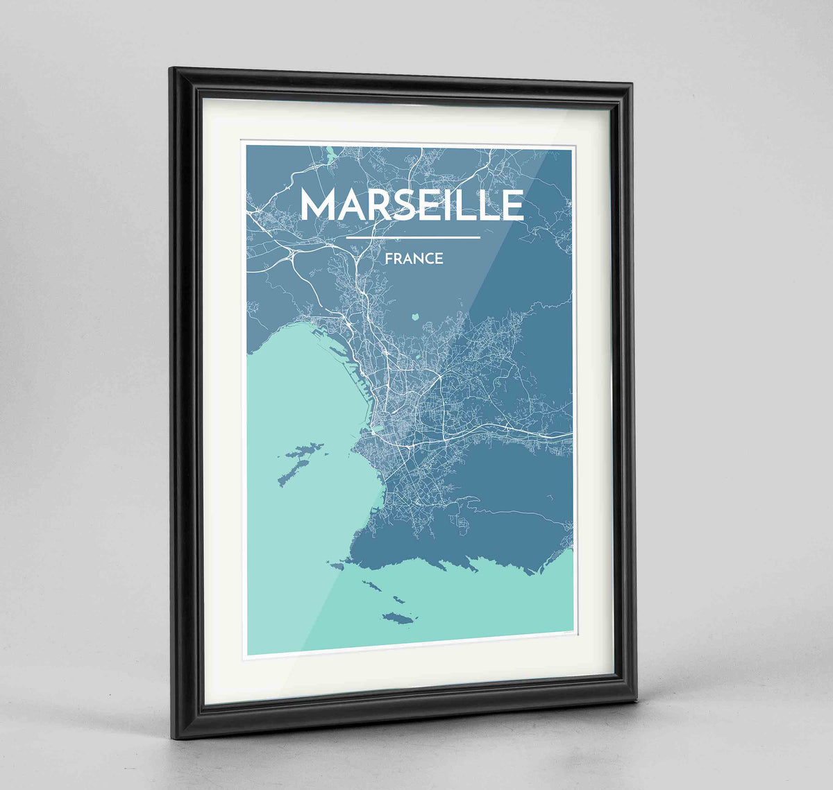 Framed Marseille Map Art Print 24x36&quot; Traditional Black frame Point Two Design Group
