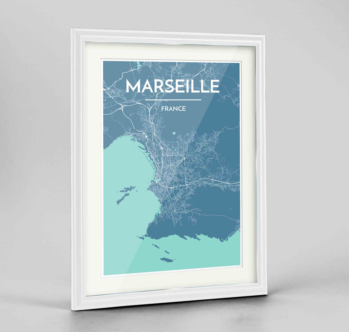 Framed Marseille Map Art Print 24x36&quot; Traditional White frame Point Two Design Group