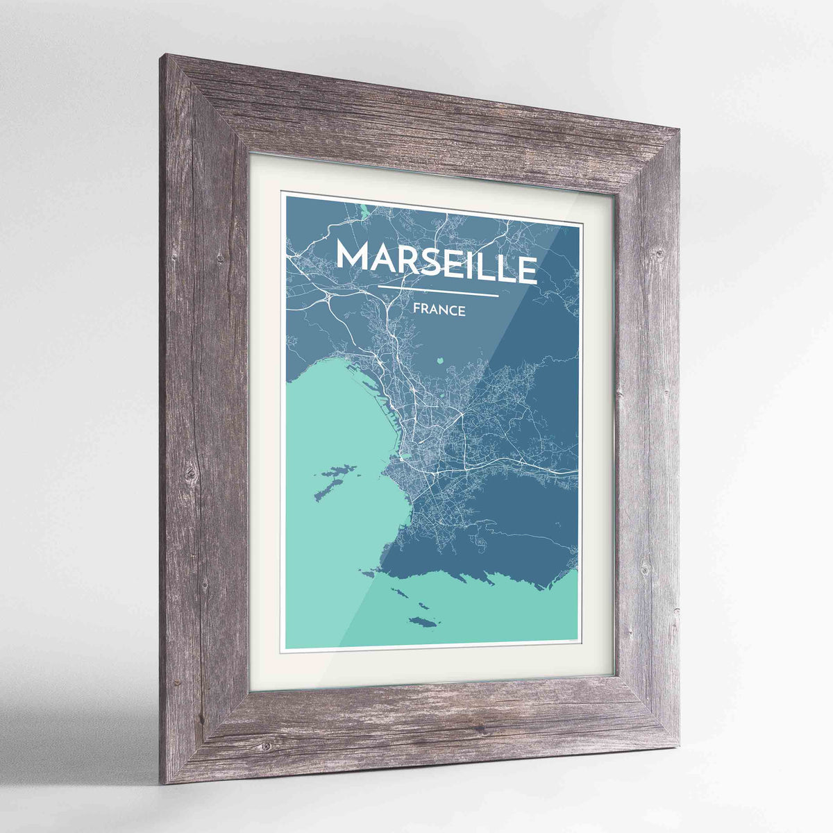 Framed Marseille Map Art Print 24x36&quot; Western Grey frame Point Two Design Group