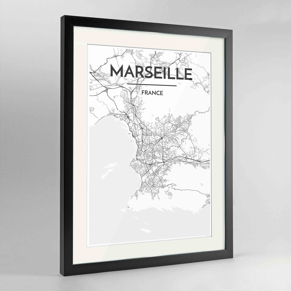 Framed Marseille Map Art Print 24x36&quot; Contemporary Black frame Point Two Design Group