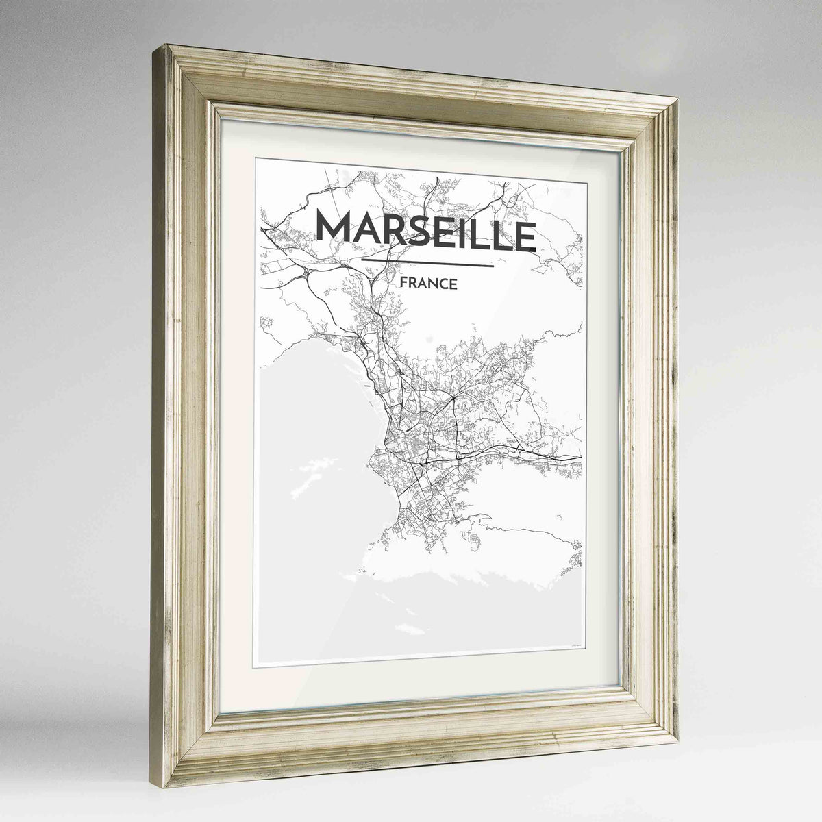 Framed Marseille Map Art Print 24x36&quot; Champagne frame Point Two Design Group