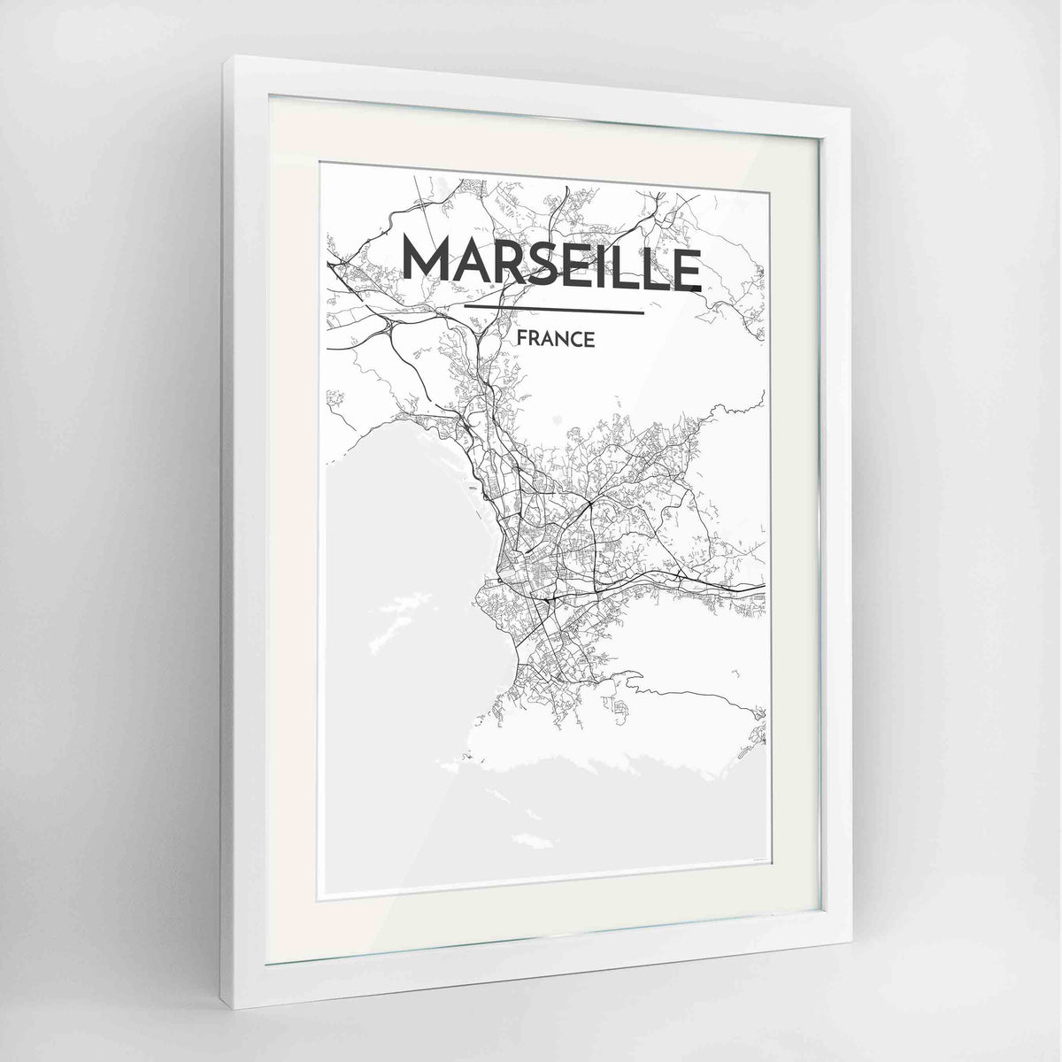 Framed Marseille Map Art Print 24x36&quot; Contemporary White frame Point Two Design Group