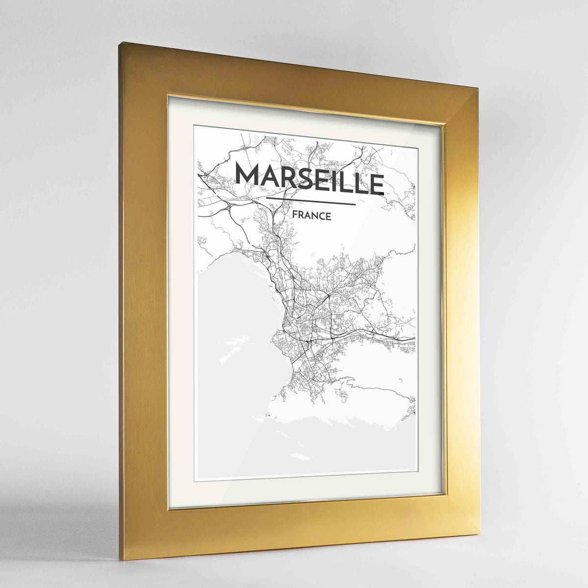 Framed Marseille Map Art Print 24x36&quot; Gold frame Point Two Design Group
