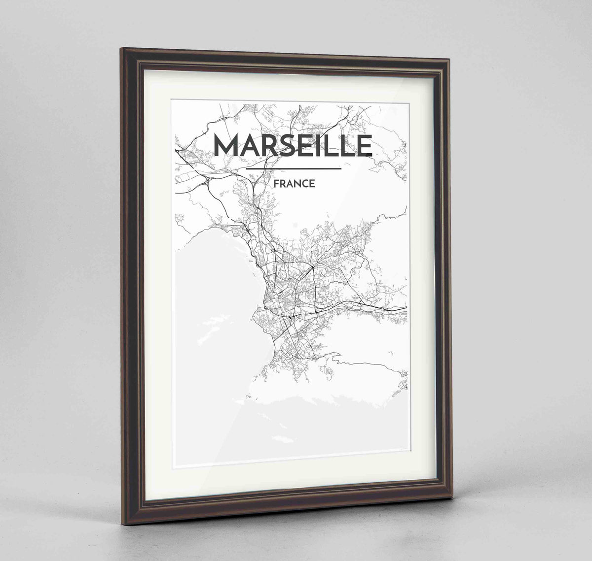 Framed Marseille Map Art Print 24x36&quot; Traditional Walnut frame Point Two Design Group