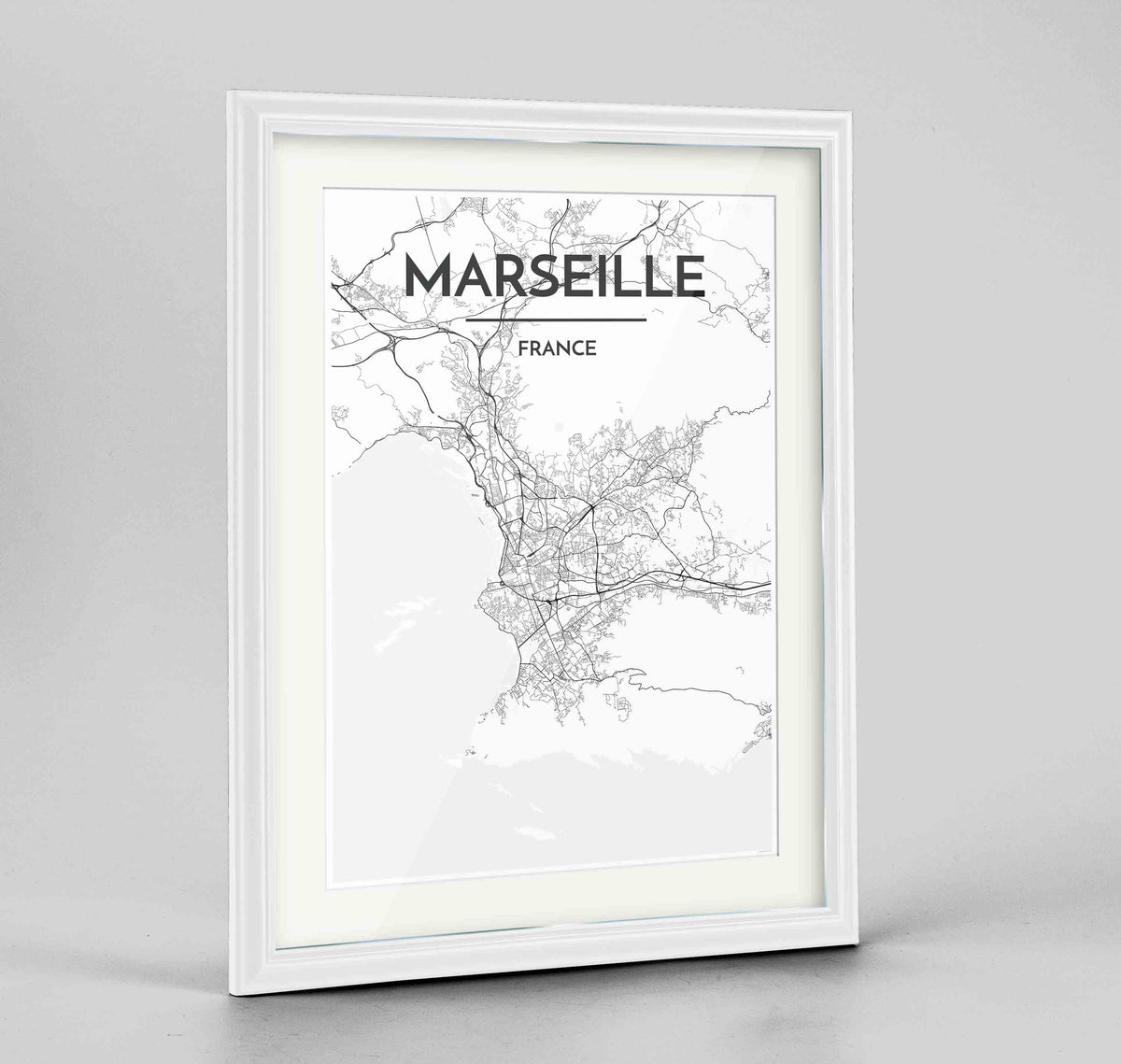 Framed Marseille Map Art Print 24x36&quot; Traditional White frame Point Two Design Group