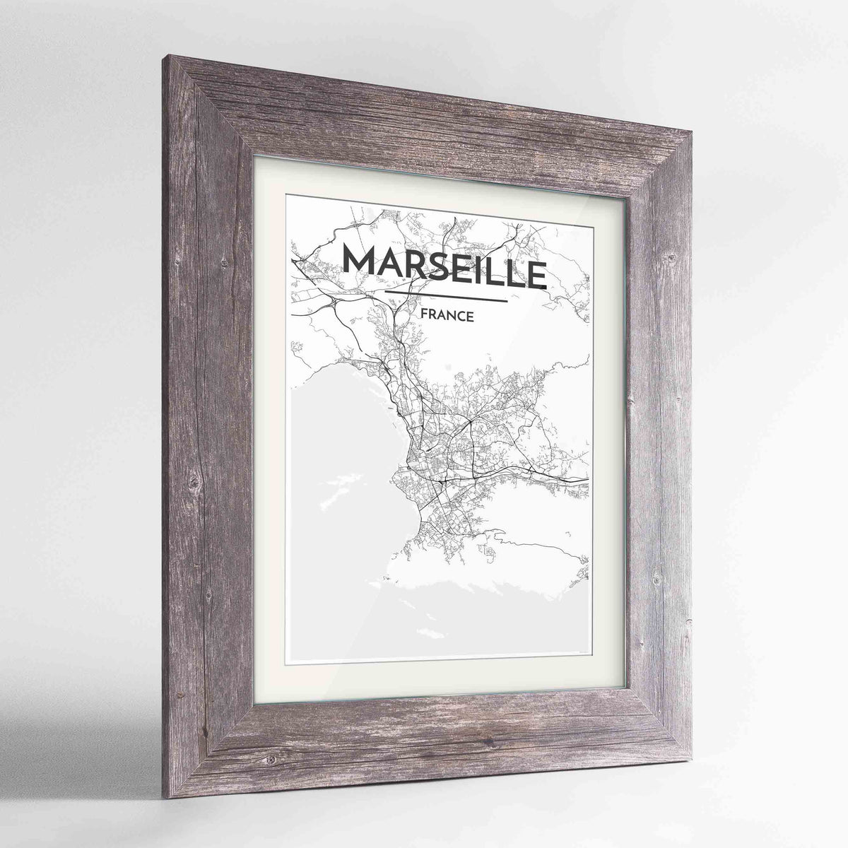 Framed Marseille Map Art Print 24x36&quot; Western Grey frame Point Two Design Group