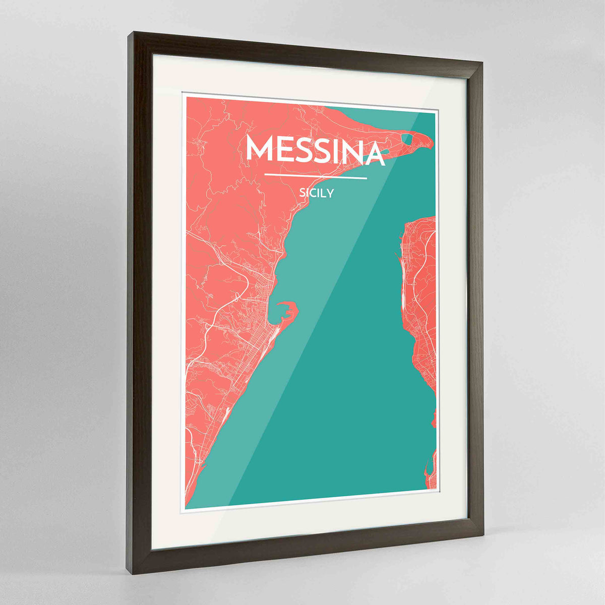 Framed Messina Map Art Print 24x36&quot; Contemporary Walnut frame Point Two Design Group