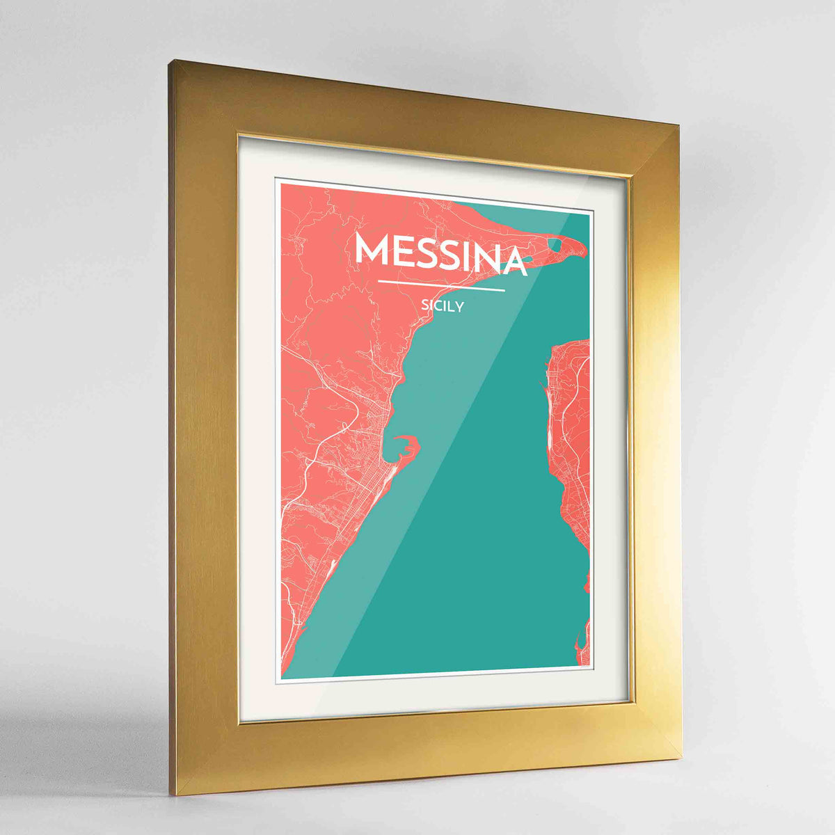 Framed Messina Map Art Print 24x36&quot; Gold frame Point Two Design Group