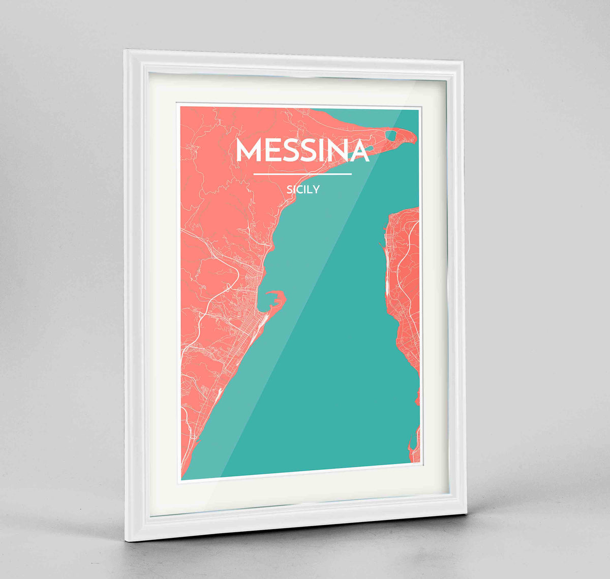 Framed Messina Map Art Print 24x36&quot; Traditional White frame Point Two Design Group