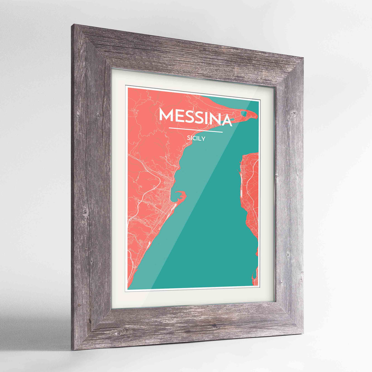 Framed Messina Map Art Print 24x36&quot; Western Grey frame Point Two Design Group
