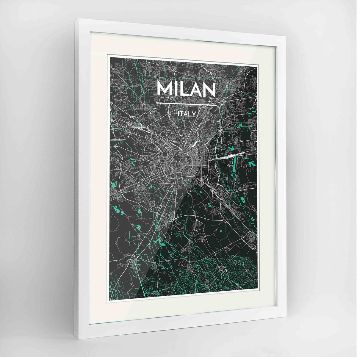 Framed Milan Map Art Print 24x36&quot; Contemporary White frame Point Two Design Group