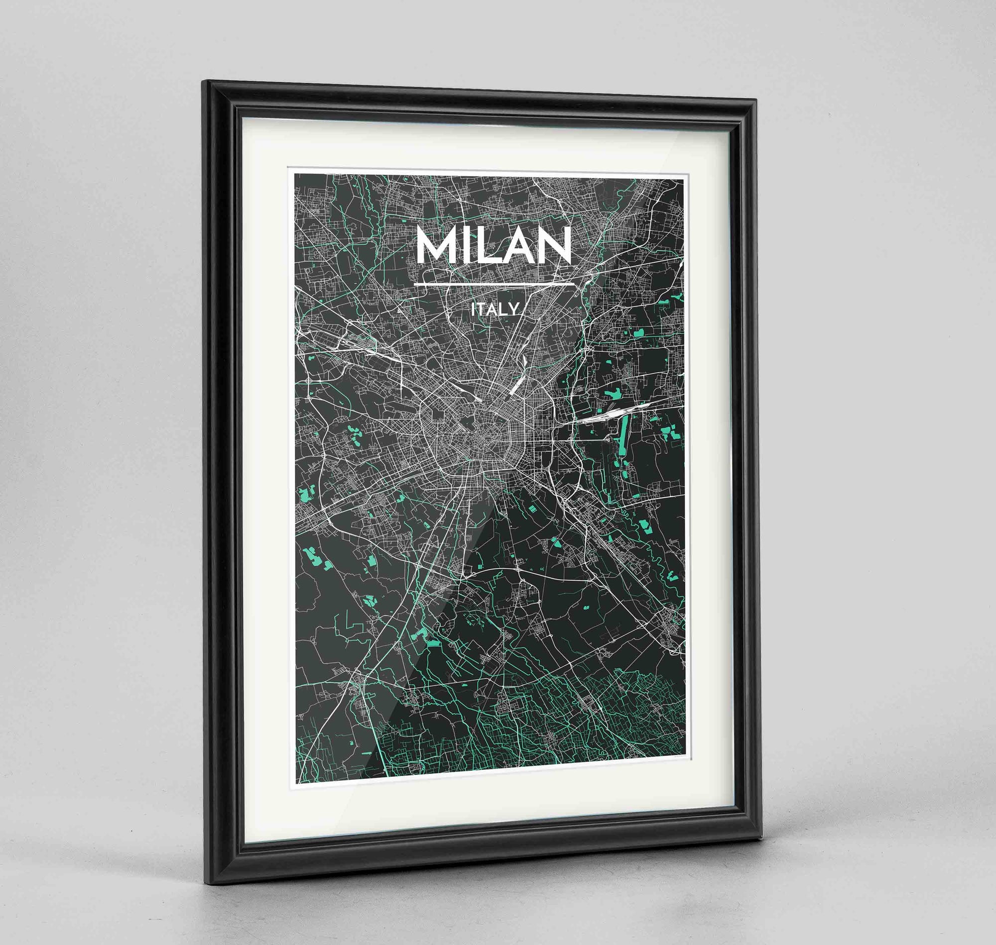 Framed Milan Map Art Print 24x36" Traditional Black frame Point Two Design Group