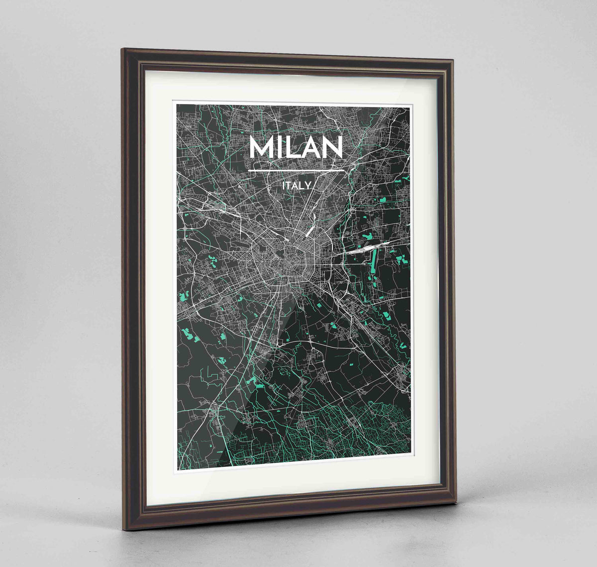 Framed Milan Map Art Print 24x36&quot; Traditional Walnut frame Point Two Design Group