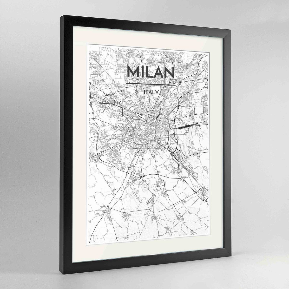 Framed Milan Map Art Print 24x36&quot; Contemporary Black frame Point Two Design Group