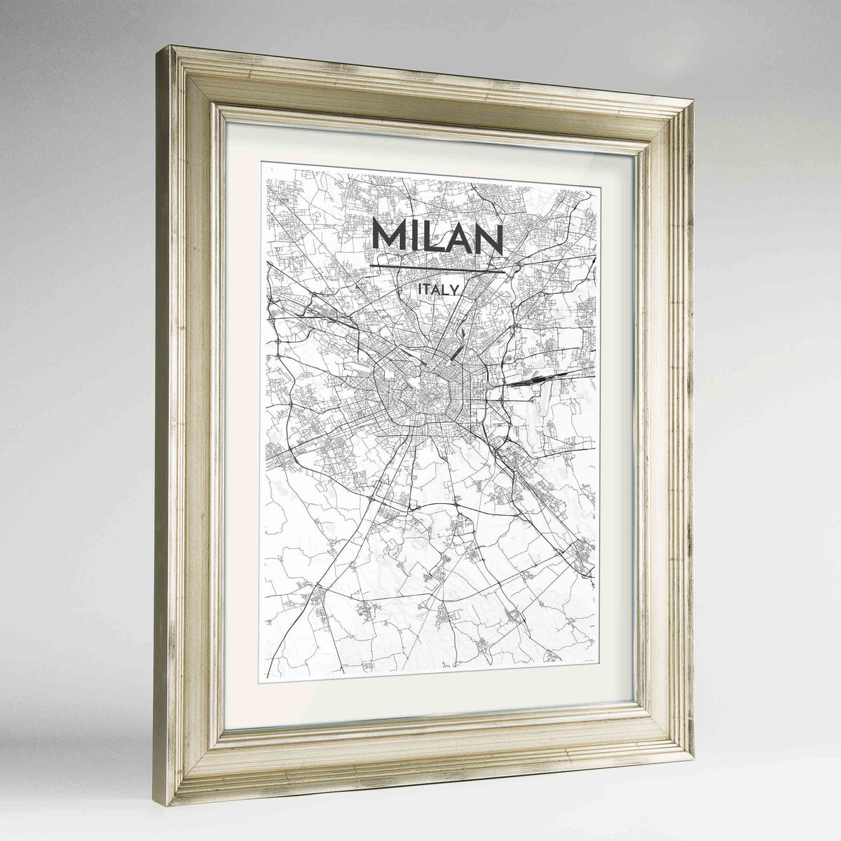 Framed Milan Map Art Print 24x36&quot; Champagne frame Point Two Design Group