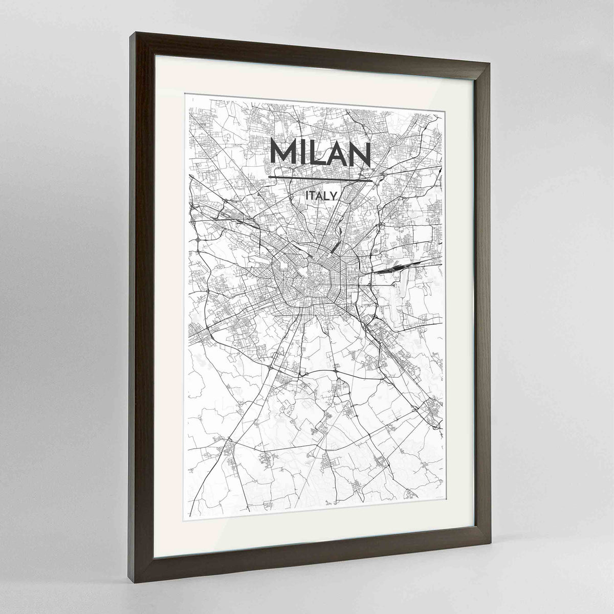 Framed Milan Map Art Print 24x36&quot; Contemporary Walnut frame Point Two Design Group