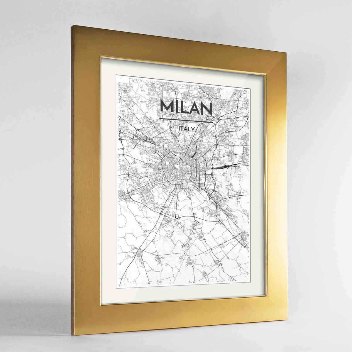 Framed Milan Map Art Print 24x36&quot; Gold frame Point Two Design Group