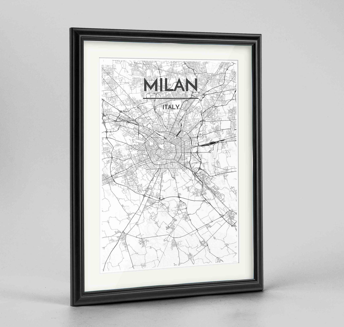 Framed Milan Map Art Print 24x36&quot; Traditional Black frame Point Two Design Group