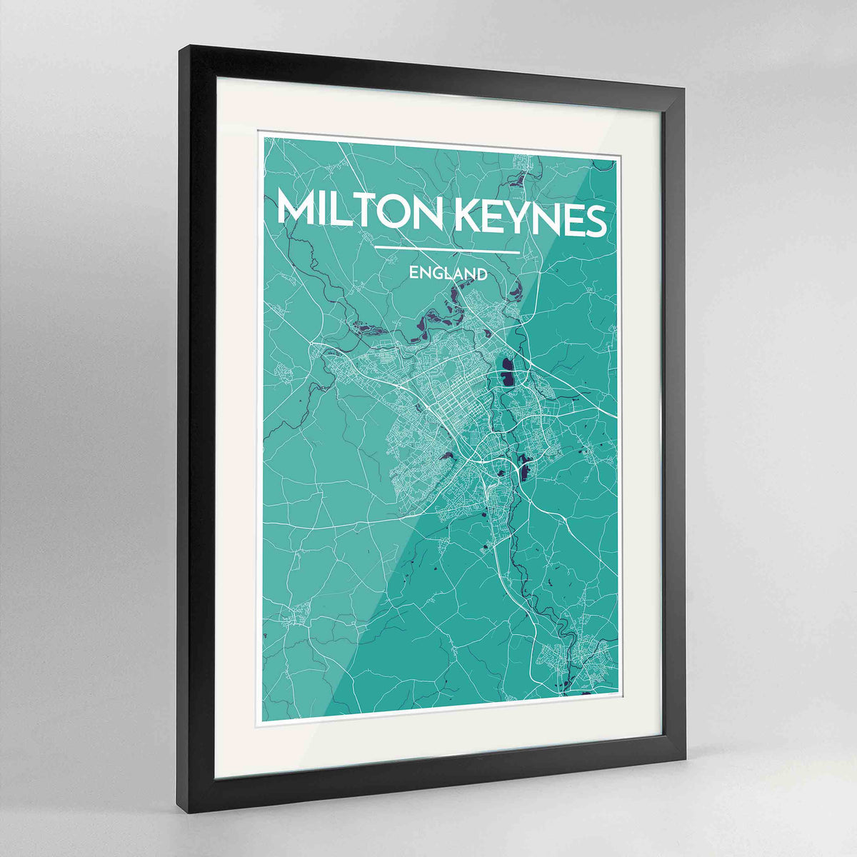 Framed Milton Keynes Map Art Print 24x36&quot; Contemporary Black frame Point Two Design Group