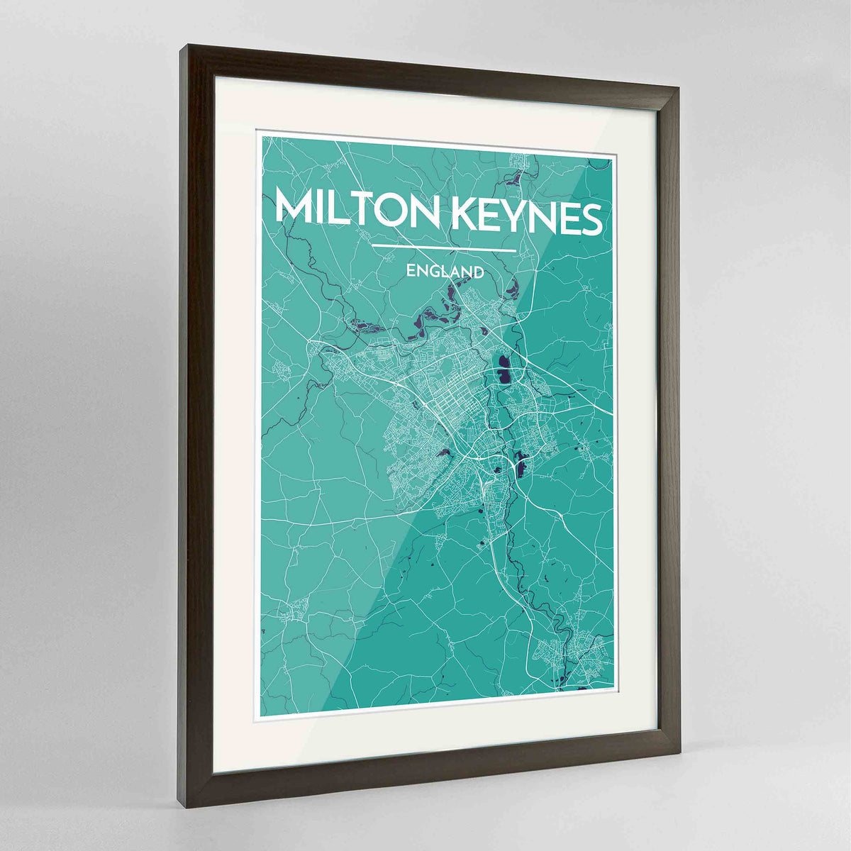 Framed Milton Keynes Map Art Print 24x36&quot; Contemporary Walnut frame Point Two Design Group