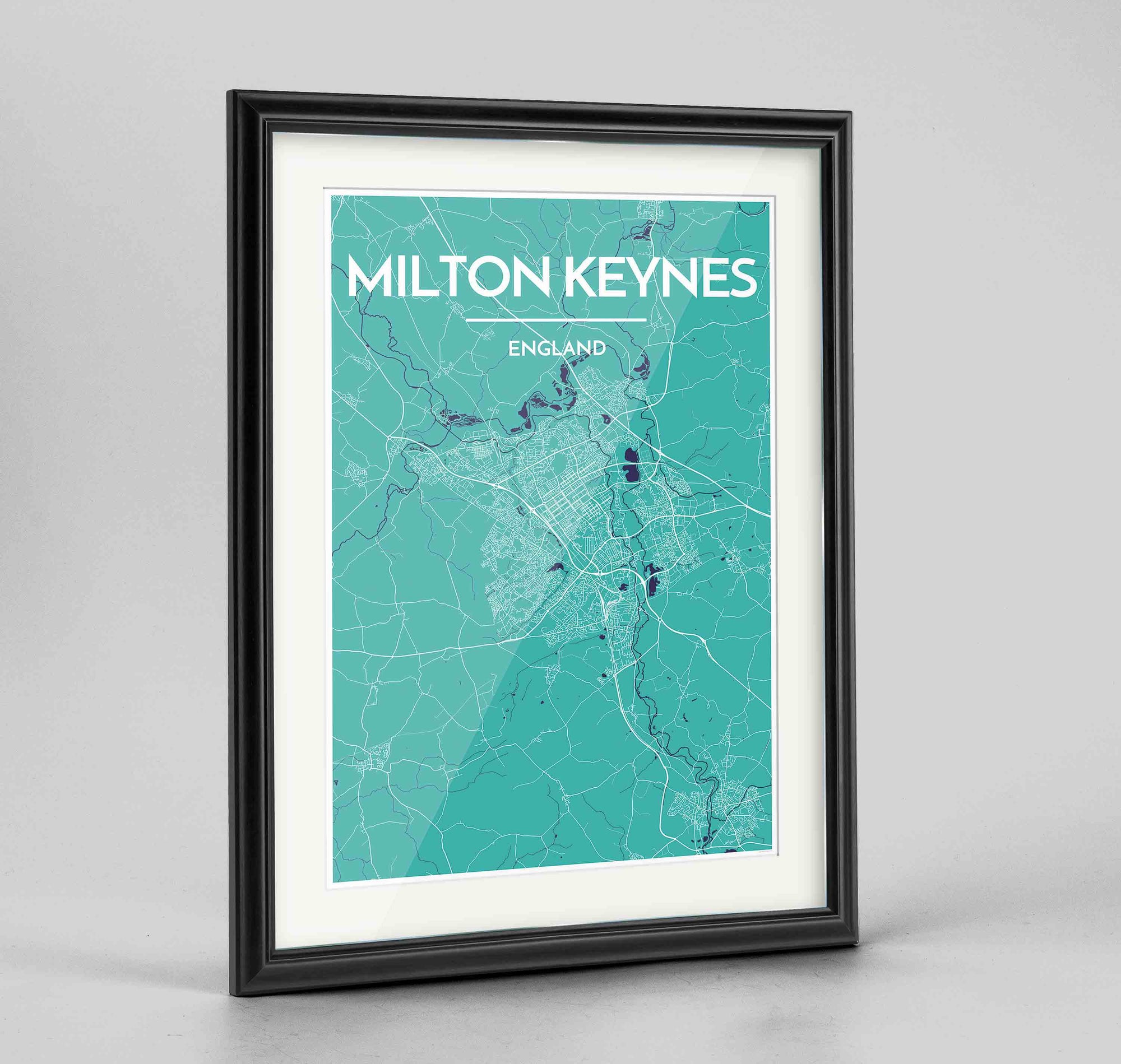 Framed Milton Keynes Map Art Print 24x36" Traditional Black frame Point Two Design Group