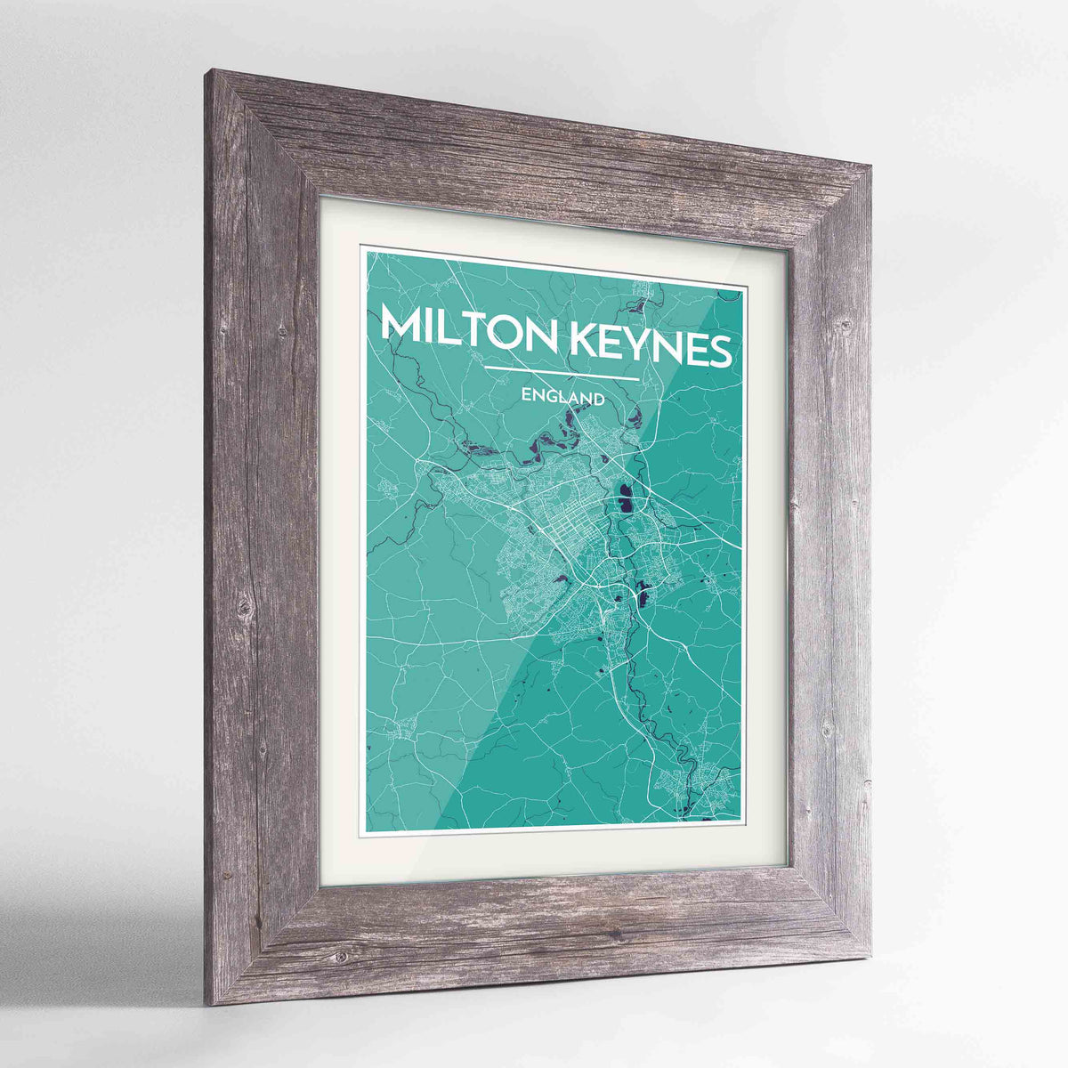 Framed Milton Keynes Map Art Print 24x36&quot; Western Grey frame Point Two Design Group