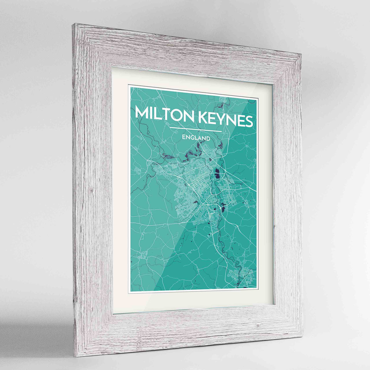 Framed Milton Keynes Map Art Print 24x36&quot; Western White frame Point Two Design Group